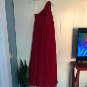 red, maxi, dress, one shoulder, zipper, chiffon